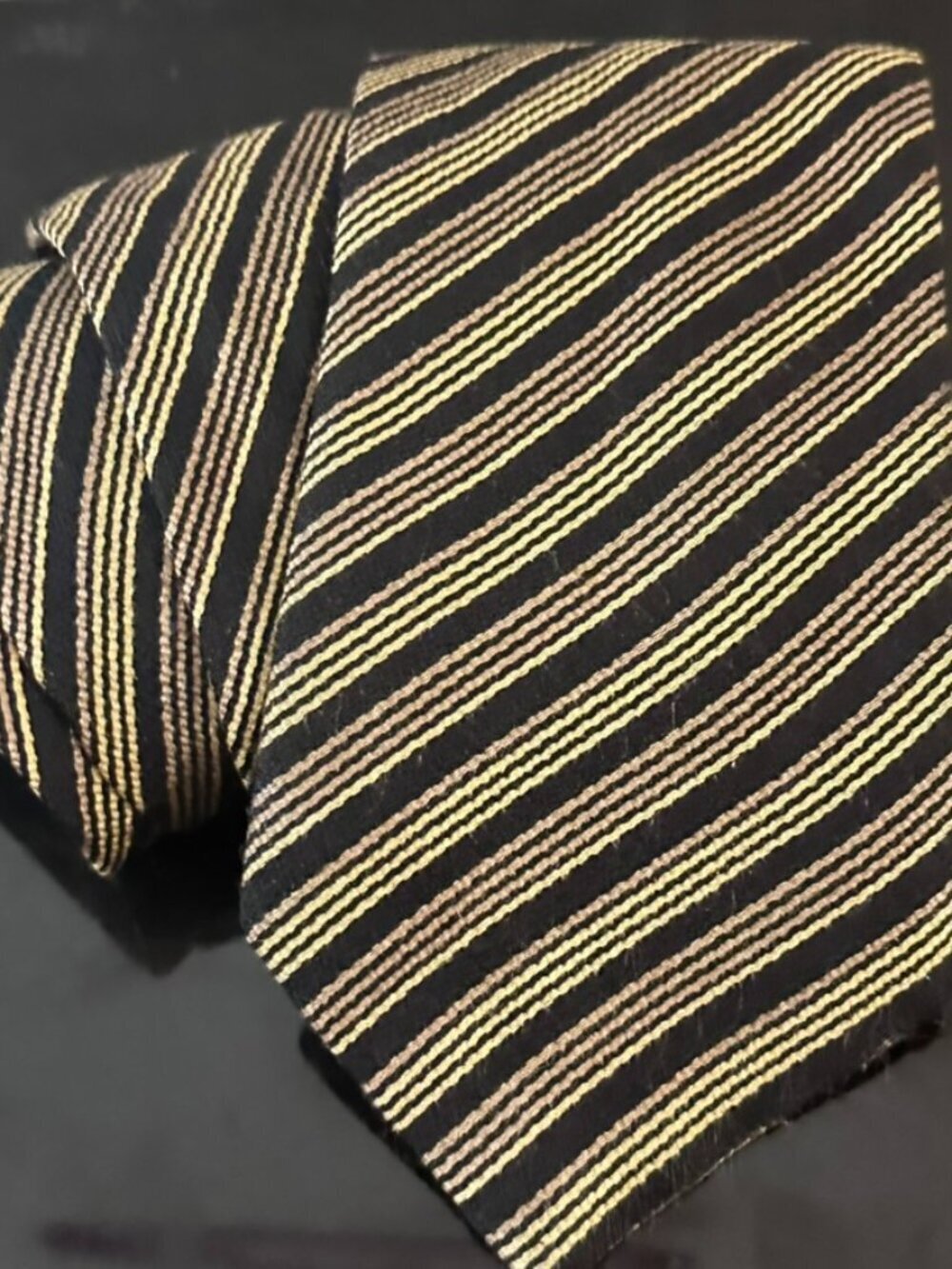 KENZO Silk Tie Striped Neckwear Couture Gold Bronze Black Stripes Silk Necktie